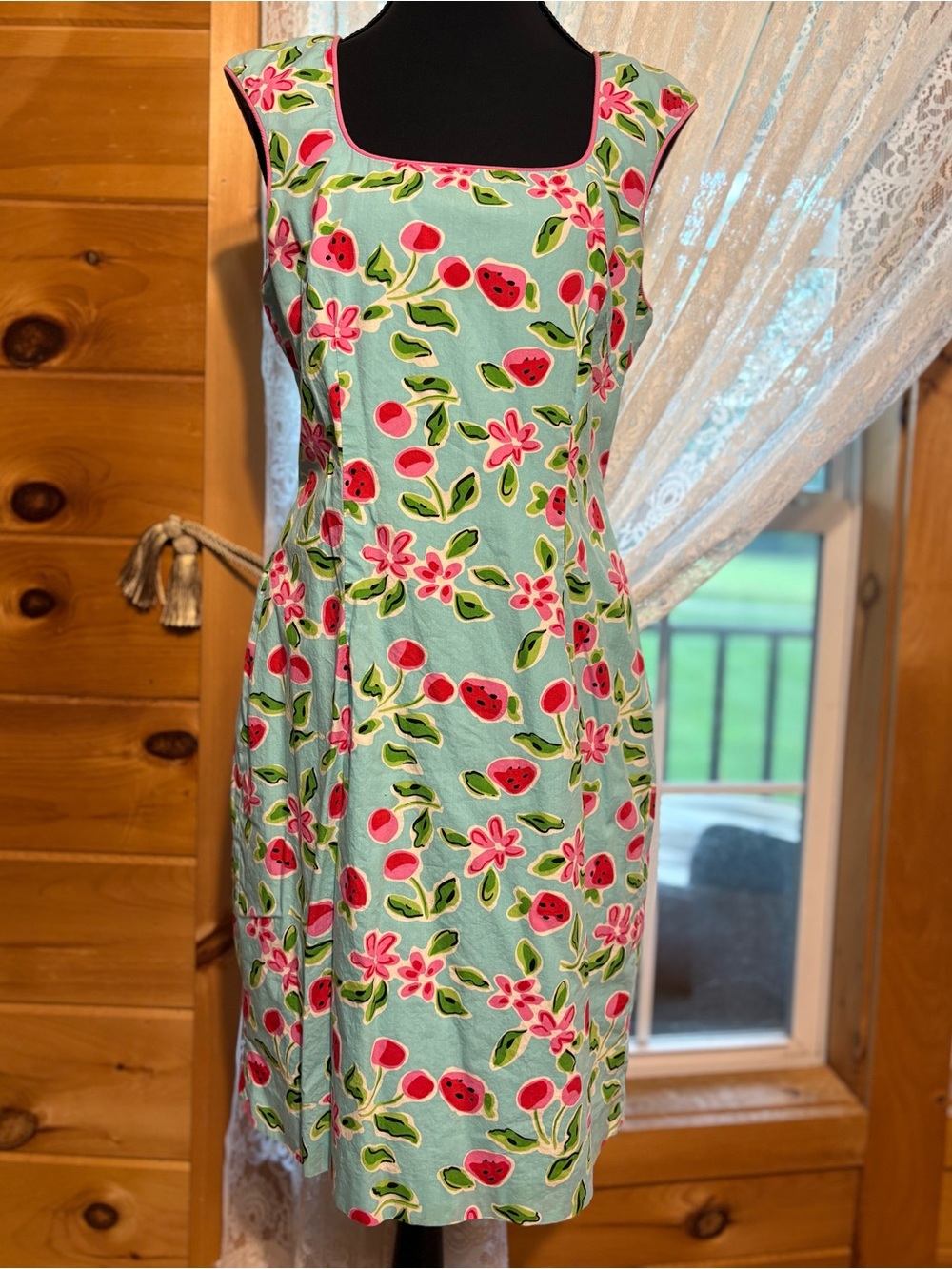 Spenser Jeremy Aqua Floral Strawberry Cherry Fruit Midi Sleeveless Dress Sz 8